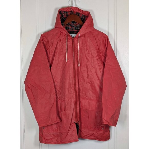 misty harbor Jackets & Blazers - VTG 90s Misty Harbor Red Rain Coat Jacket Zip Womens Large Flannel Lined Hooded